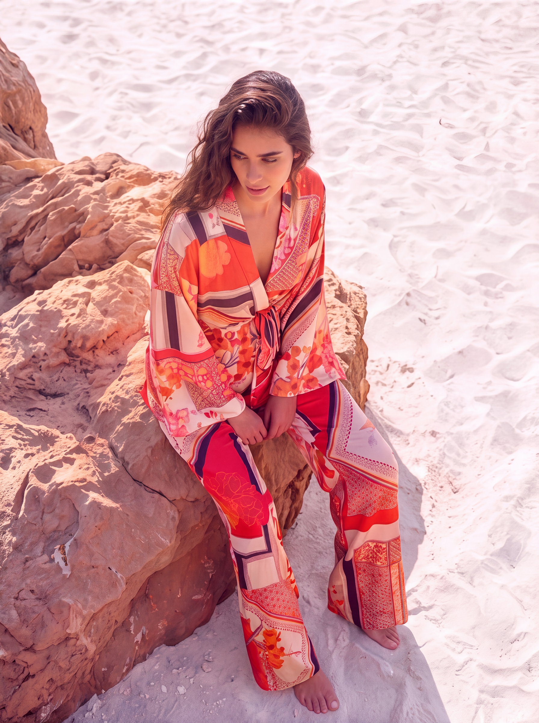 Set din satin pantaloni si kimono multicolor