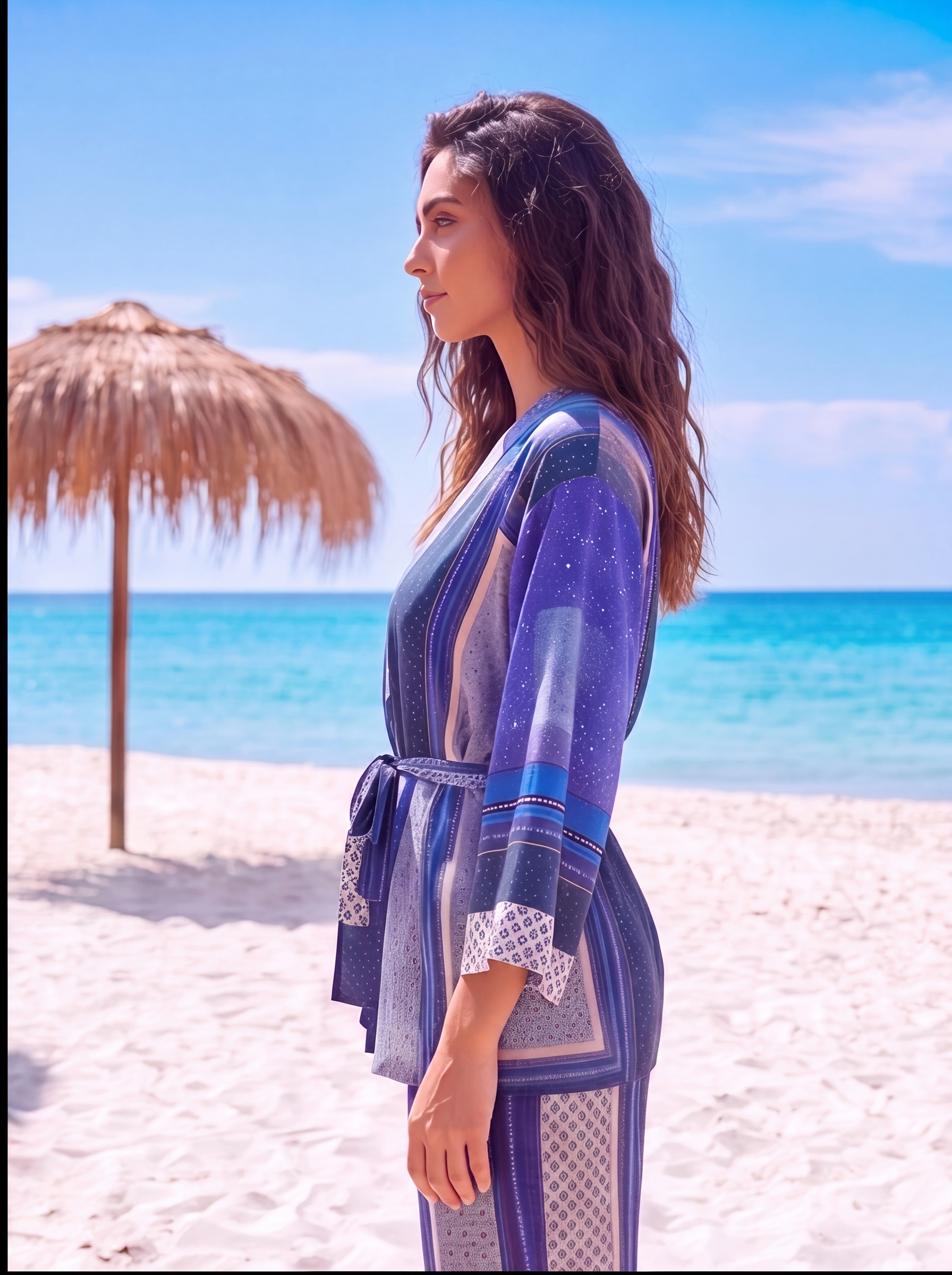 Set din satin pantaloni si kimono print alb albastru